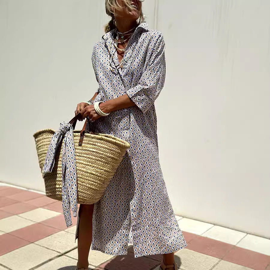 Striped Shirt Dress With Belt Fashion Half-sleeved Lapel Button Cardigan Dresses