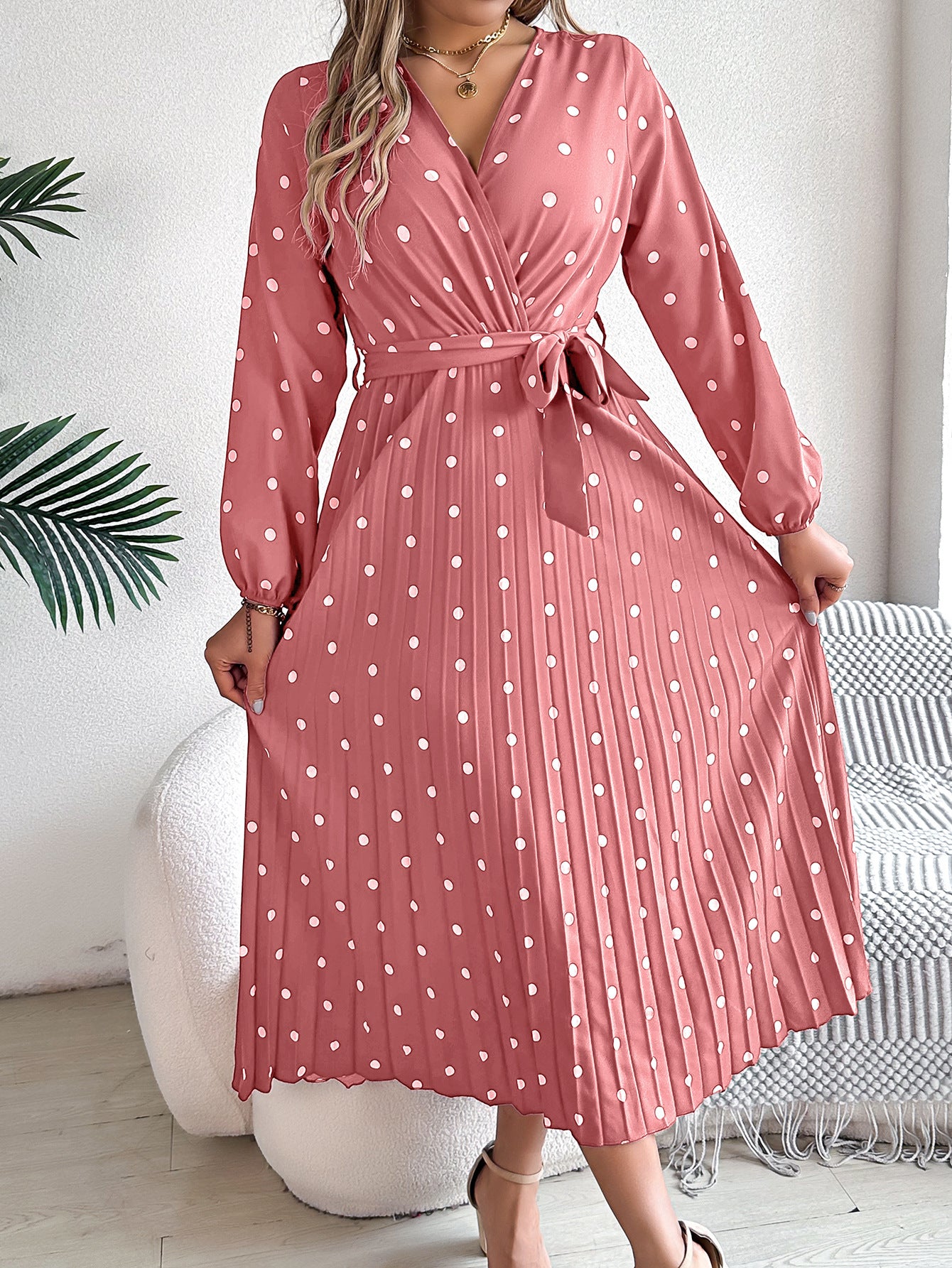 Spring Summer Elegant Long Dress Cross V-Neck Contrast Polka Dot Long Sleeve | Koalakits36