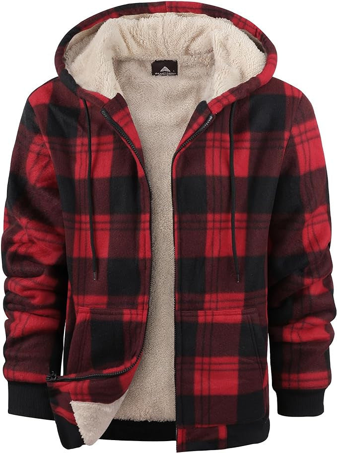 Men's Plaid Print Hooded Zip-Up Jacket Winter Thickened Cotton-padded Coat Warm