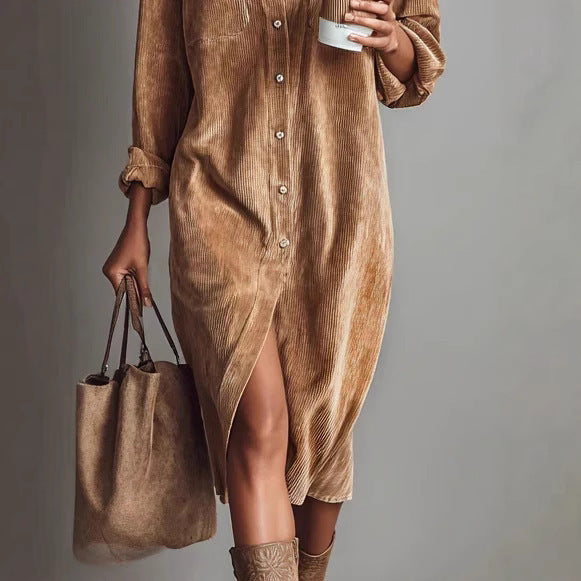 Corduroy Long Sleeve Lapel Shirt Loose Long Dress Koalakits36