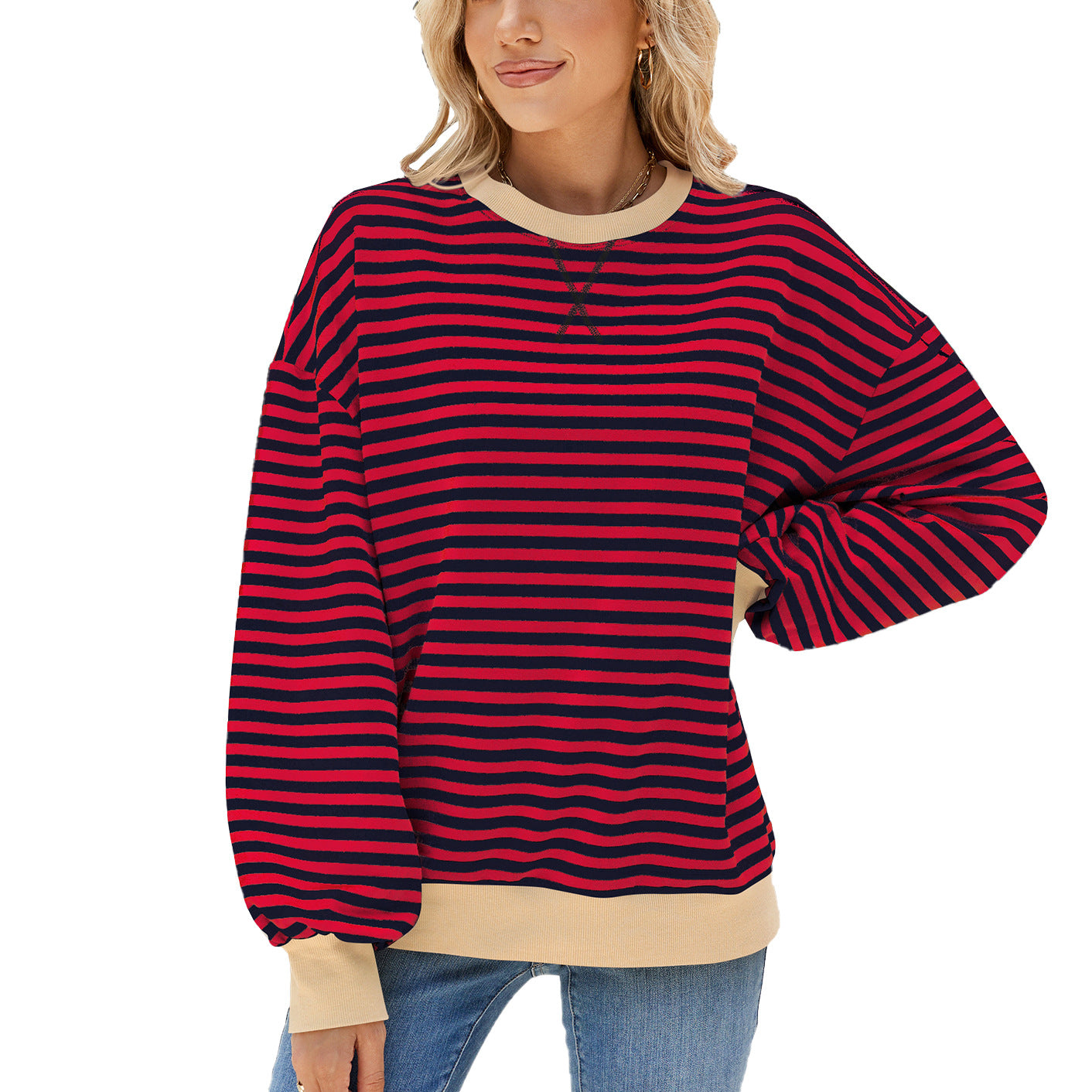 Women's Stripes Round Neck Contrast Color Loose Long Sleeve Sweatshirt