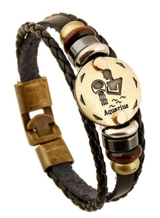 12 Zodiac Constellation Leather Bracelet – Stylish Metal Sign Charm & Beaded Wristband for Men and Women