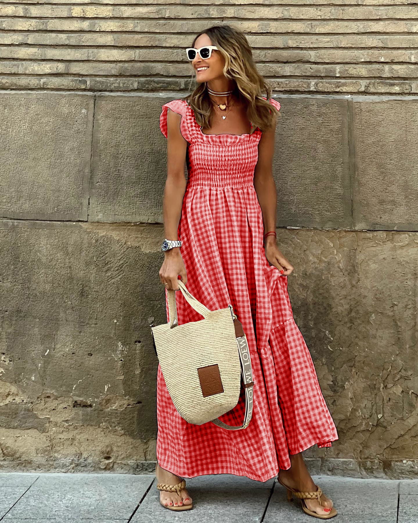 Summer Plaid Print Pleated Ruffle Dress Fashion Sleeveless for Women | Koalakits36