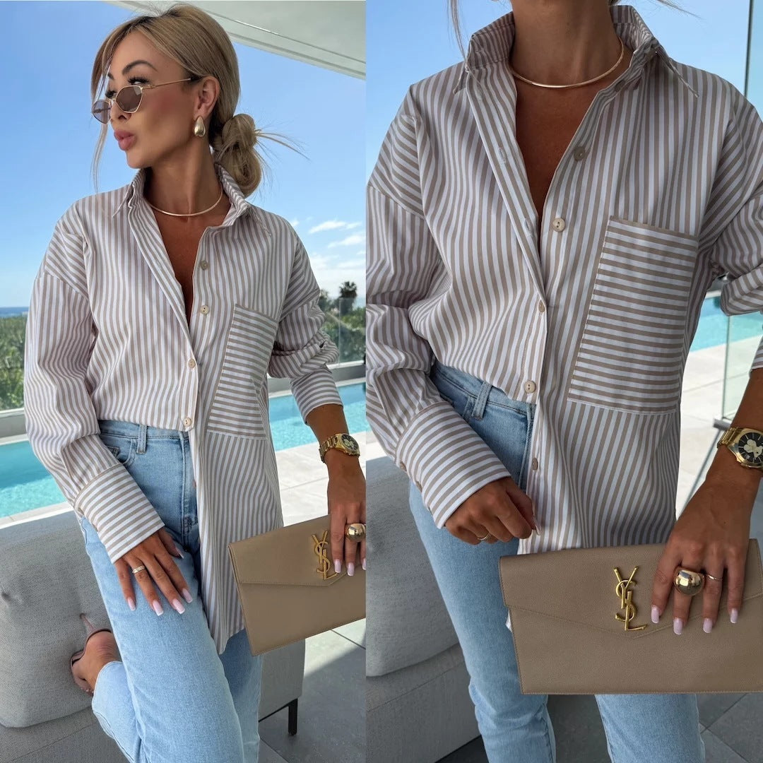 Long Sleeve Lapel Striped Print Lapel Shirt With Irregular Hem Button Placket Casual Loose | Koalakits36