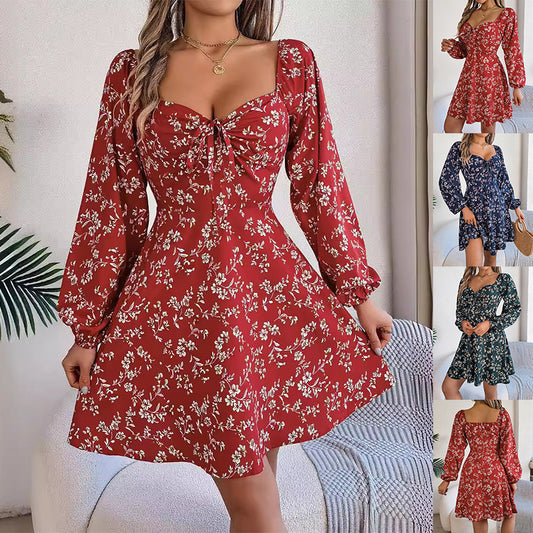 Fashion Floral Print Lantern Sleeve Dress Casual Sexy Tie Square Neck Long Sleeve