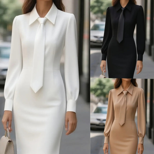 Women's Spring Autumn Long Sleeve Dress - Solid Color Waist Tie Fit A-Line Midi Dress For Daily Wear Work Business Outfit
