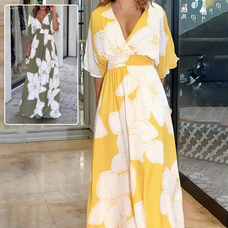 Flower Printed V-neck Batwing-sleeved Dress Fashion Elegant  Backless | Koalakits36
