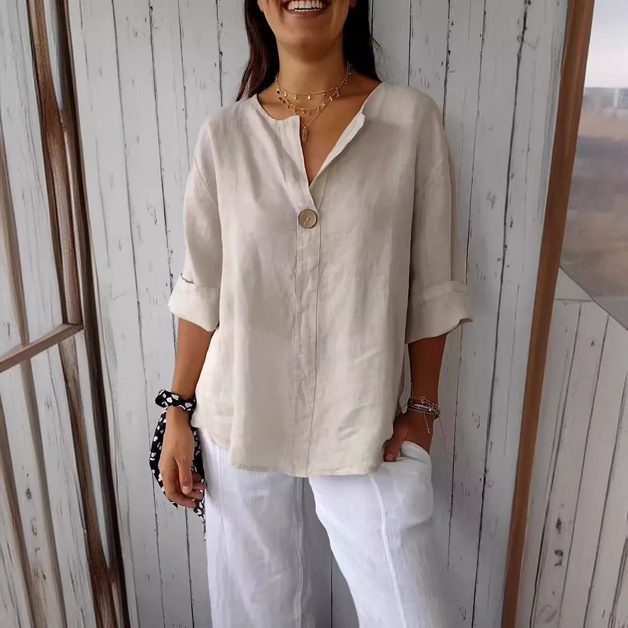 V-neck Long-sleeved T-shirt Fashion Loose Cotton And Linen Button Tops | Koalakits36