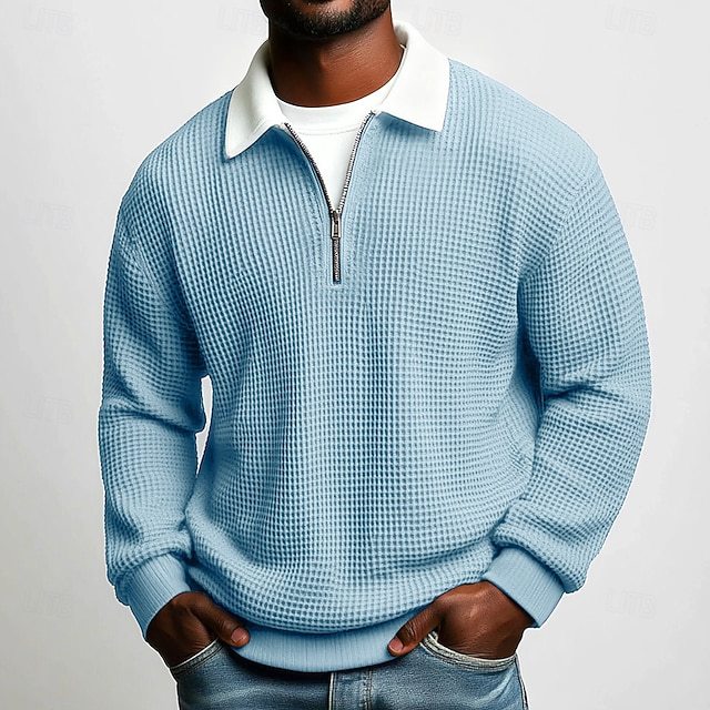 Men's Solid-Color Waffle-Weave Long-Sleeve Lapel Zip-Up Business Polo Shirt Spring Fall Zipper T-shirts Tops For Daily Wear