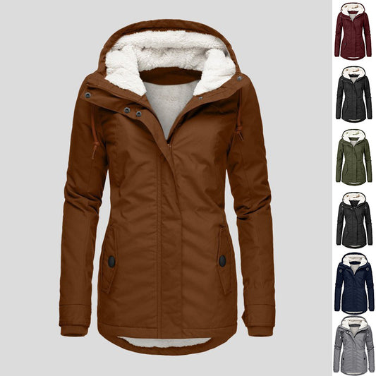 Winter Hooded Jacket Solid Color Warm Buckle Zip-up Fleece Jacket With Pockets Women's Casual Jacket Koalakits36