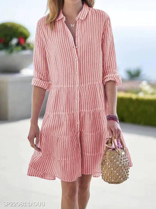 Striped Long-sleeved Shirt Dress Fashion Lapel Button Dresses For Women | Koalakits36