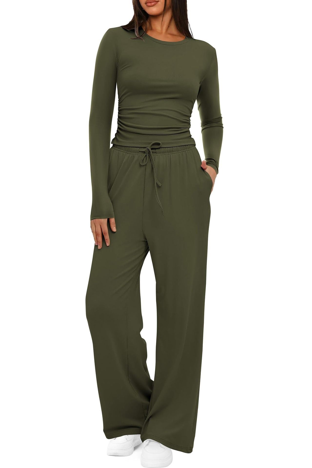 Women's Casual Suit Long Sleeve Tops High Waisted Wide Leg Pants Sportswear Clothes Solid Color | Koalakits36