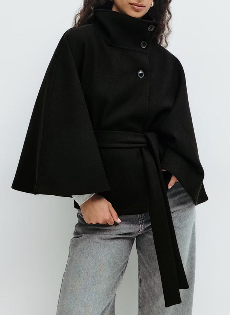 Winter High Neck Batwing Sleeve Coat With Belt Fashion Loose Elegant Button Top Trench Coat | Koalakits36
