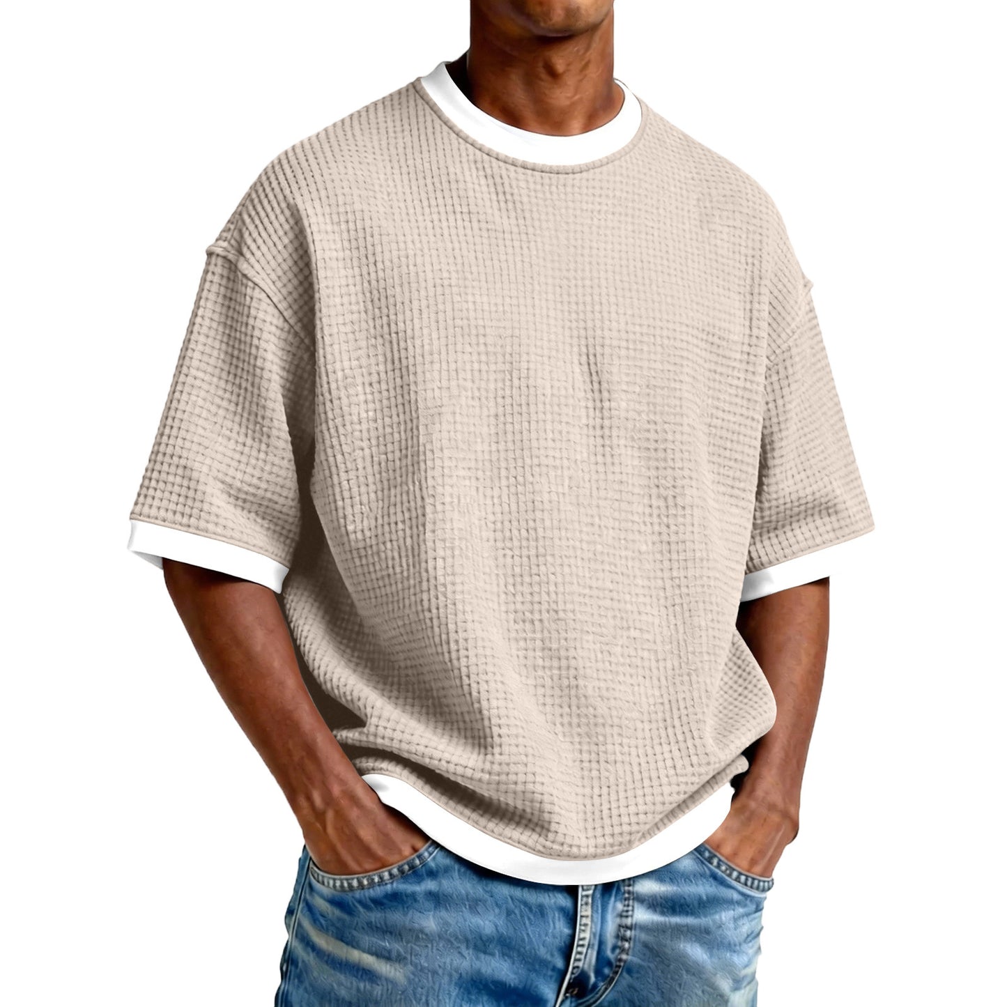 Men's Crew Neck Contrast Color Casual T-Shirt - Cotton Blend Lightweight Short Sleeve Top For Daily Wear