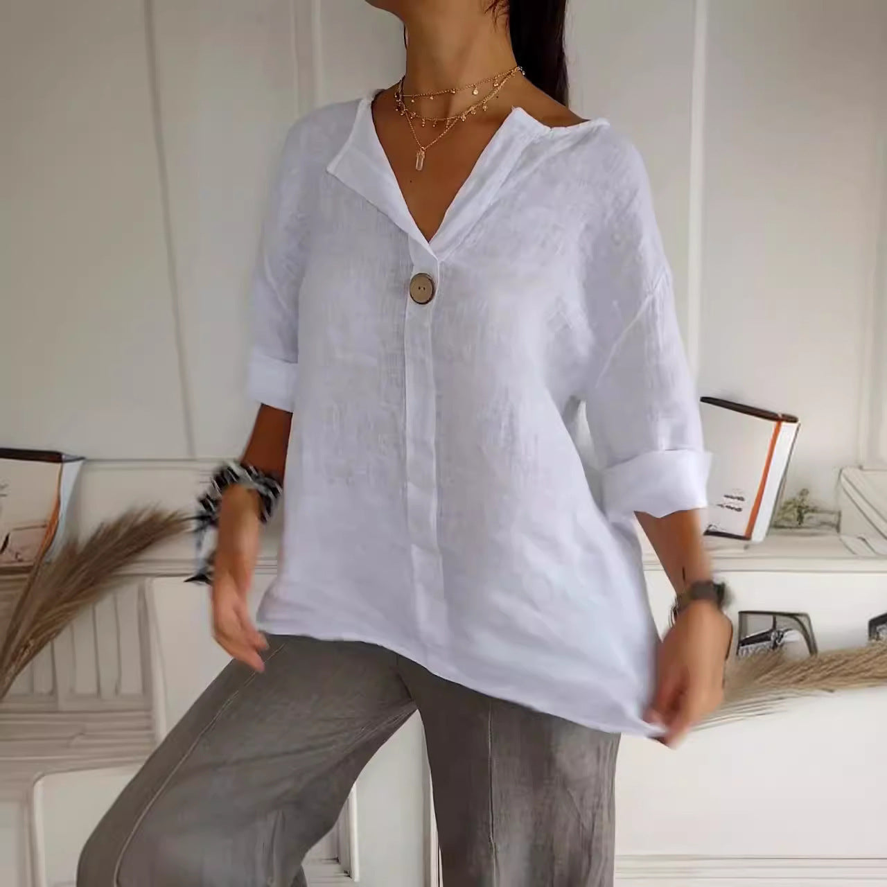 V-neck Long-sleeved T-shirt Fashion Loose Cotton And Linen Button Tops | Koalakits36