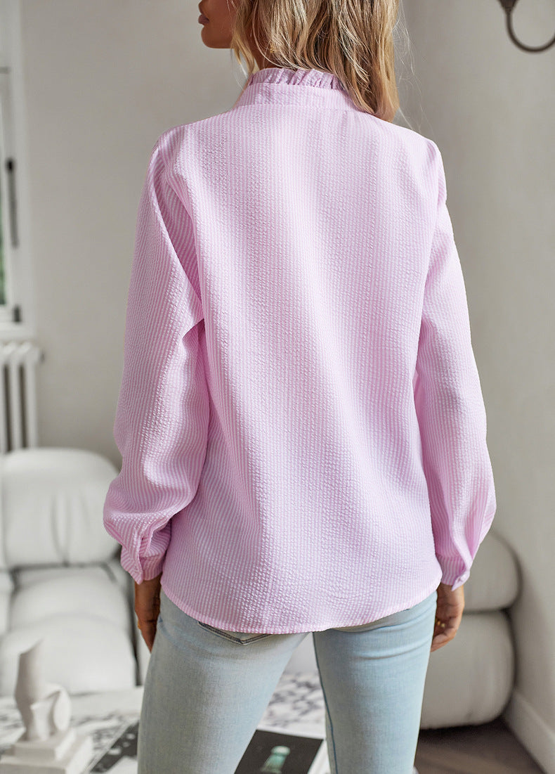 Striped Long Sleeve Shirt Fashion Ruffle Design Button Up Tops | Koalakits36