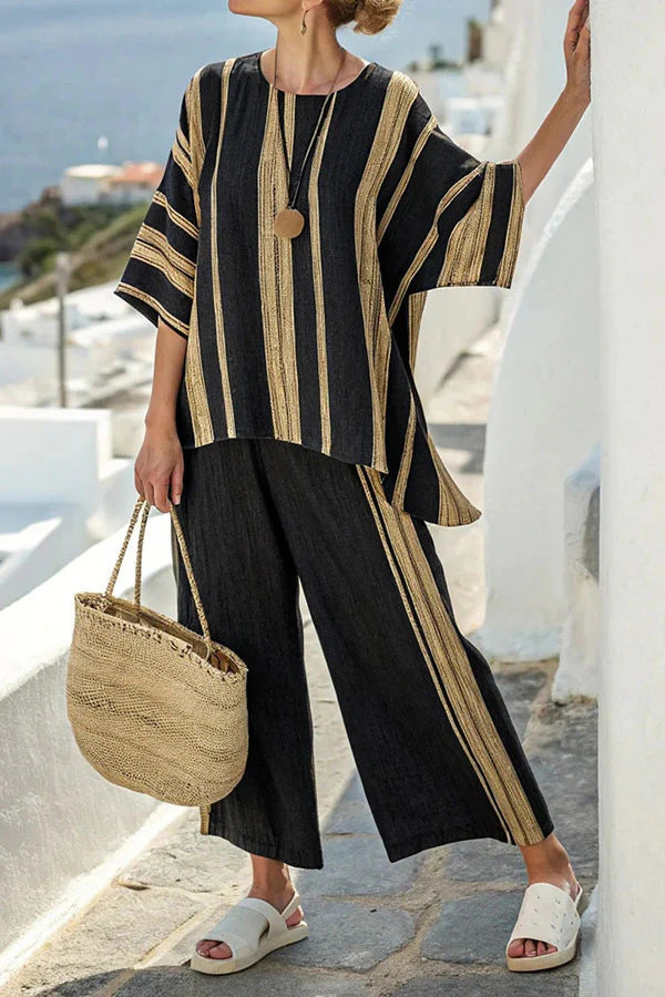 Summer Striped Suits Loose Batwing Sleeve T-shirt And Solid Straight-leg Pants | Koalakits36