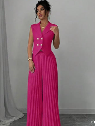 Summer Sleeveless Suit Fashion Lapel Button Vest Top And Pleated Straight Pants | Koalakits36