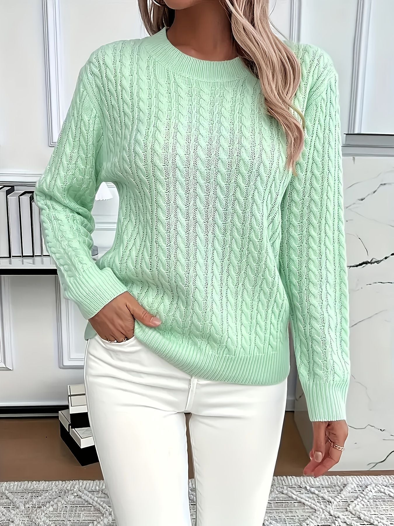 Twist Round Neck Pullover Sweater Fashion Solid Color Long-sleeved Knitted Top Koalakits36