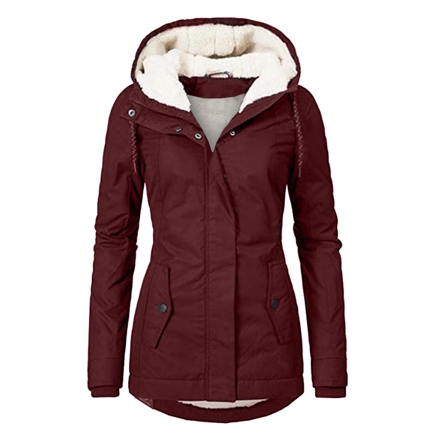 Winter Hooded Jacket Solid Color Warm Buckle Zip-up Fleece Jacket With Pockets Women's Casual Jacket Koalakits36