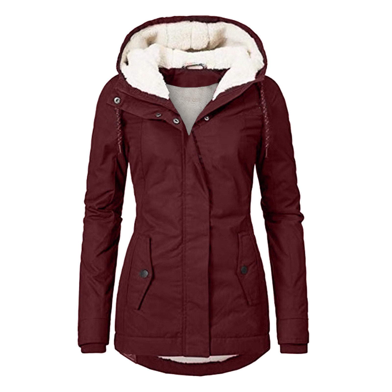 Winter Hooded Jacket Solid Color Warm Buckle Zip-up Fleece Jacket With Pockets Women's Casual Jacket Koalakits36