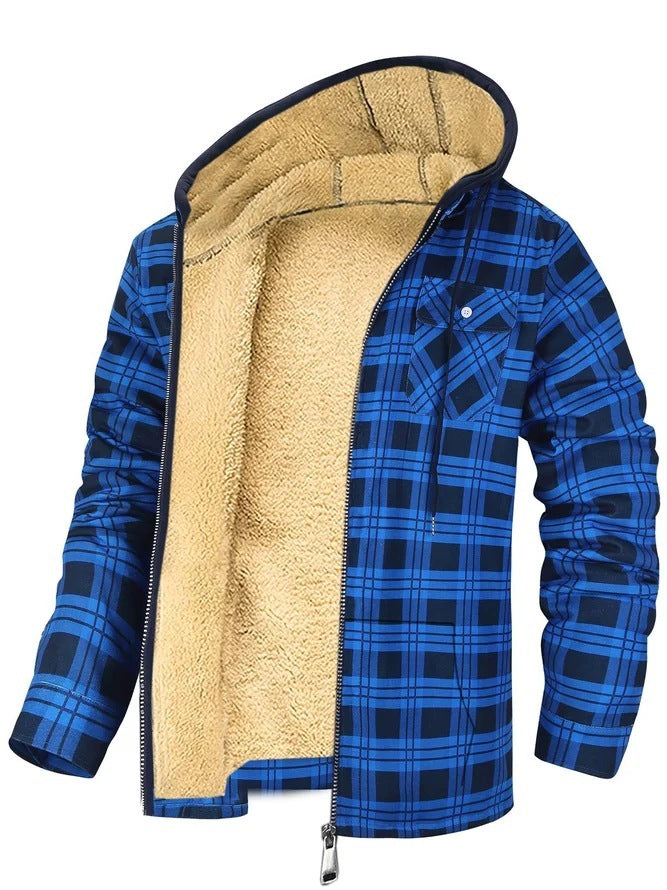 Men's Plaid Print Hooded Zip-Up Jacket Winter Thickened Cotton-padded Coat Warm