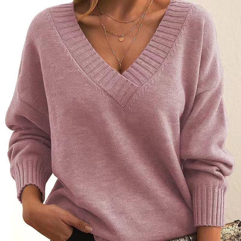 Solid V-neck Sweater Fashion Loose Long-sleeved Knitted Women's Tops Koalakits36