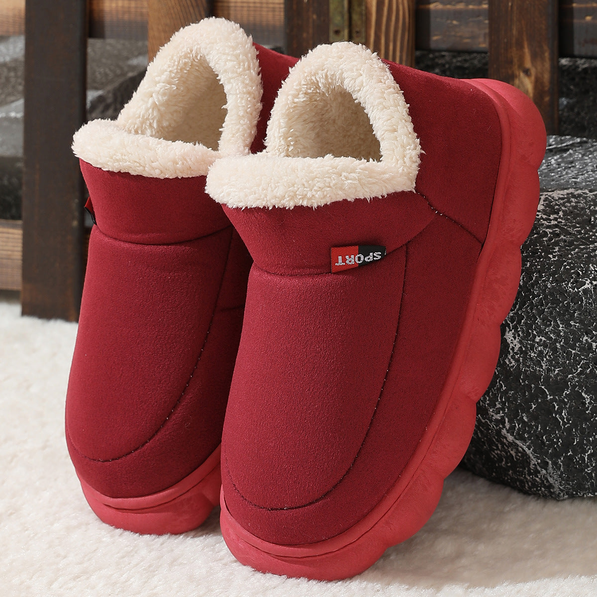 Winter Plush Cotton Shoes Women Men Warm Suede House Shoes For Parents Solid Color Thick-soled