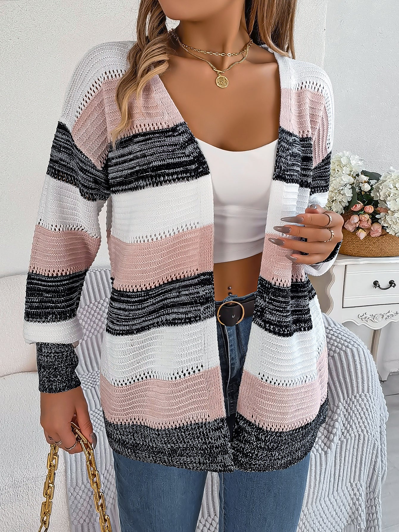 Women Casual Color Block Stripe Lantern Sleeve Cardigan Sweater Coat Koalakits36