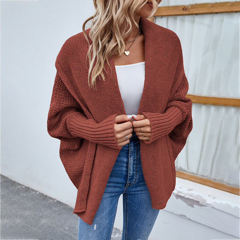 Loose Knitted Sweater Solid Color Bat Sleeve Large Lapel Cardigan 