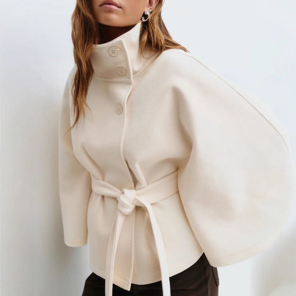 Winter High Neck Batwing Sleeve Coat With Belt Fashion Loose Elegant Button Top Trench Coat | Koalakits36
