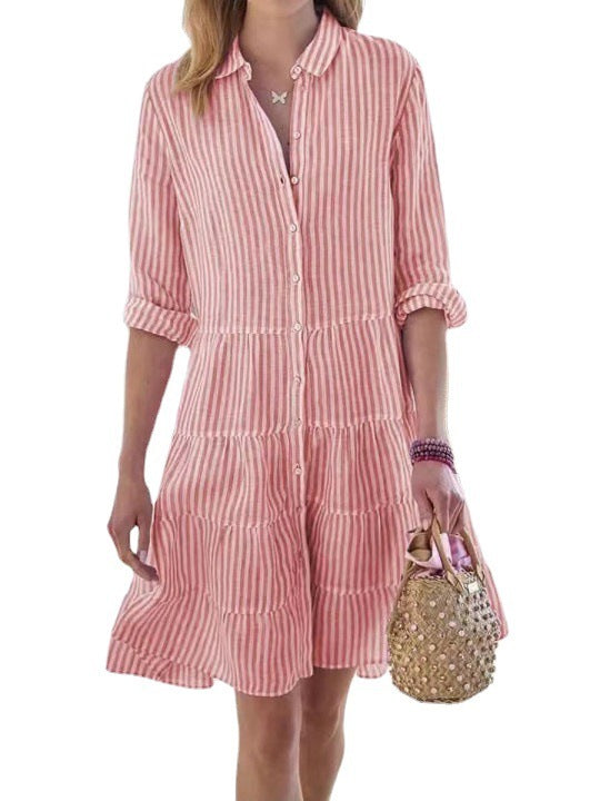 Striped Long-sleeved Shirt Dress Fashion Lapel Button Dresses For Women | Koalakits36
