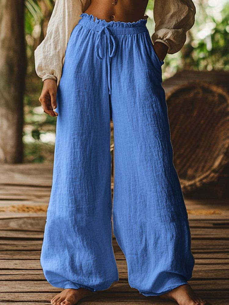 Fashion Casual Loose Artistic Pocket Drawstring Elastic Waist Wide Leg Pants Koalakits36