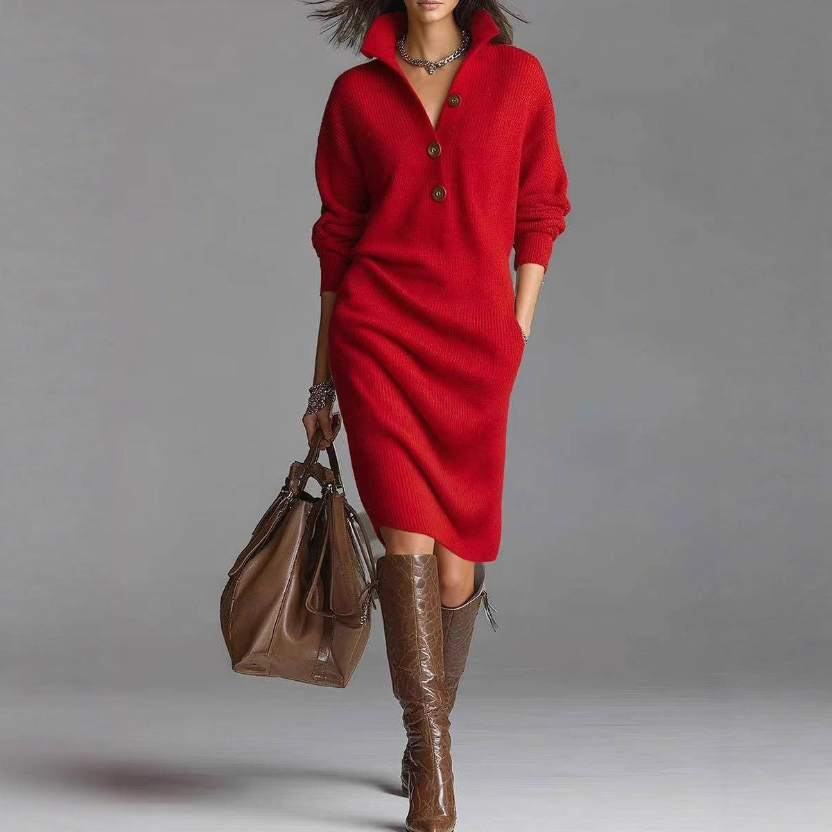 Long-sleeved Sweater Dress Fashion Warm Stand-up Collar V-neck Button Pullover Dresses Winter Casual Koalakits36