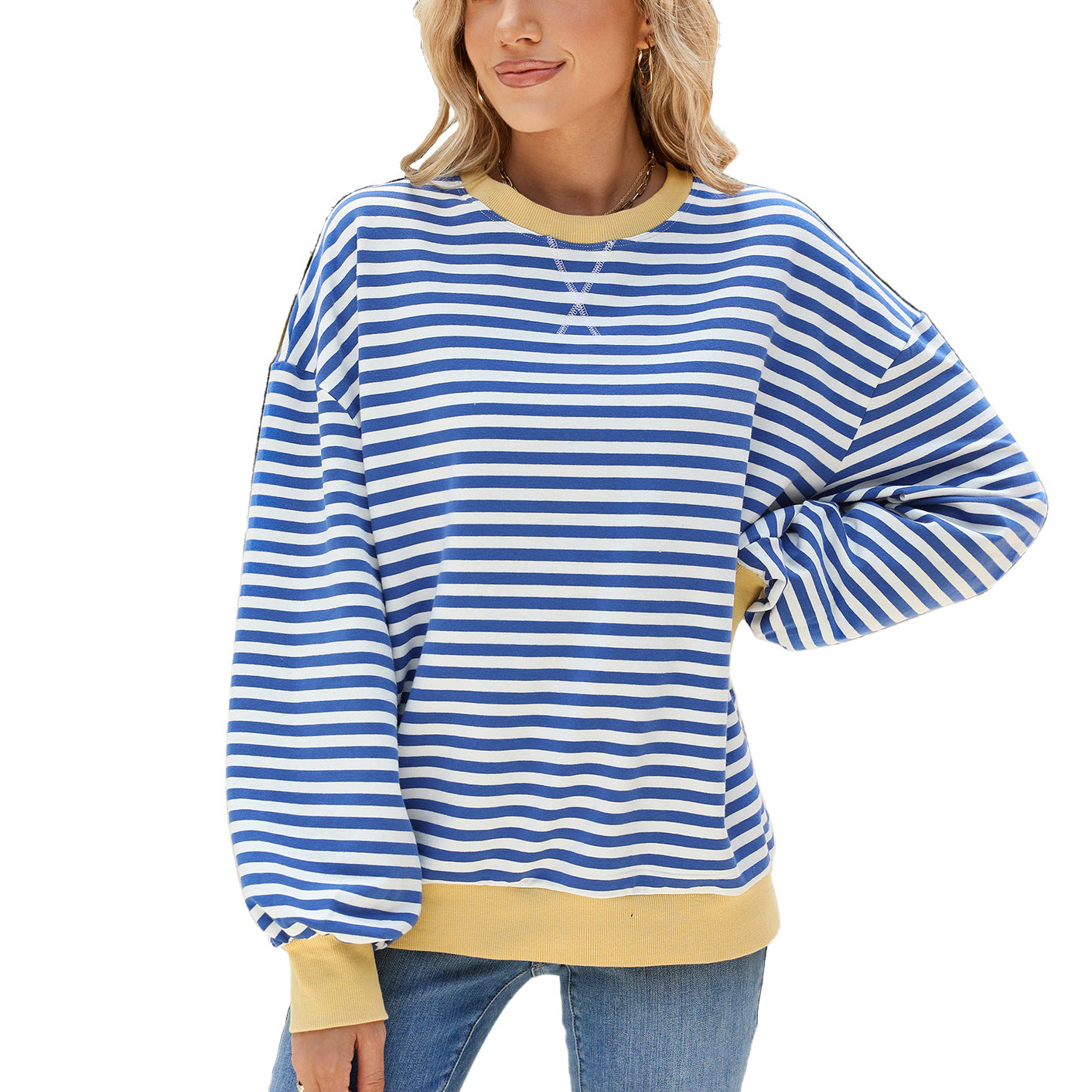 Women's Stripes Round Neck Contrast Color Loose Long Sleeve Sweatshirt