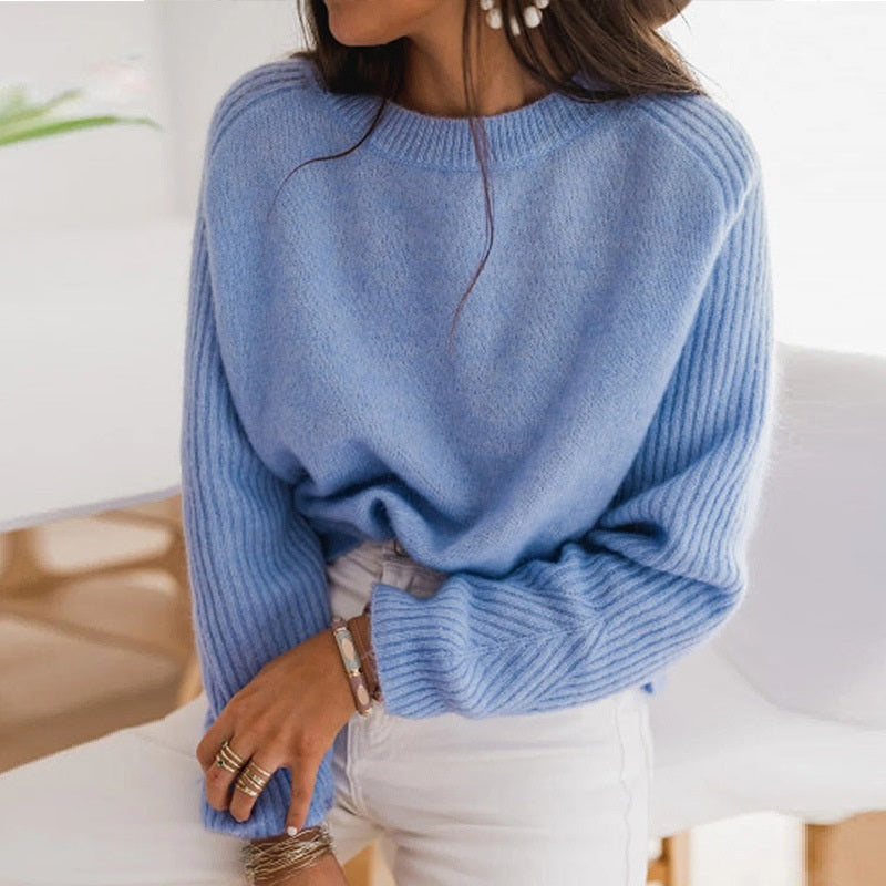 European Milk Blue Bedford Cord Sweater Women's Round-collar Long-sleeve Knitwear 