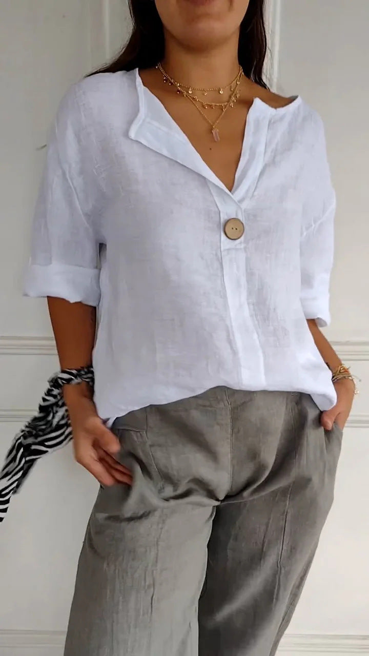 V-neck Long-sleeved T-shirt Fashion Loose Cotton And Linen Button Tops | Koalakits36