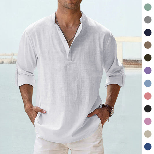 Men's Casual Blouse Cotton Linen Shirt Loose Tops Long Sleeve Tee Shirt