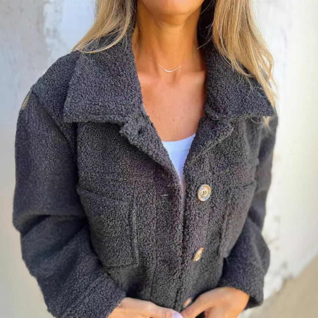 Women's Lamb Wool Coat Winter Lapel Single Breasted Jacket Outwear Warm Cropped Tops