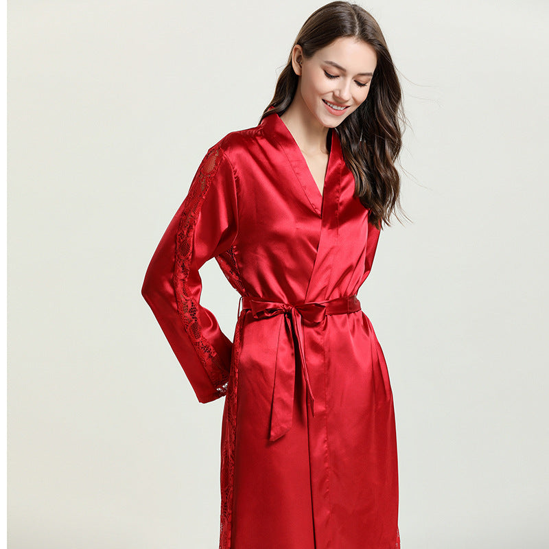 Fashion Ladies Pajamas Imitation Silk Nightgown Lace Sexy Long Nightgown Bathrobe | Koalakits36
