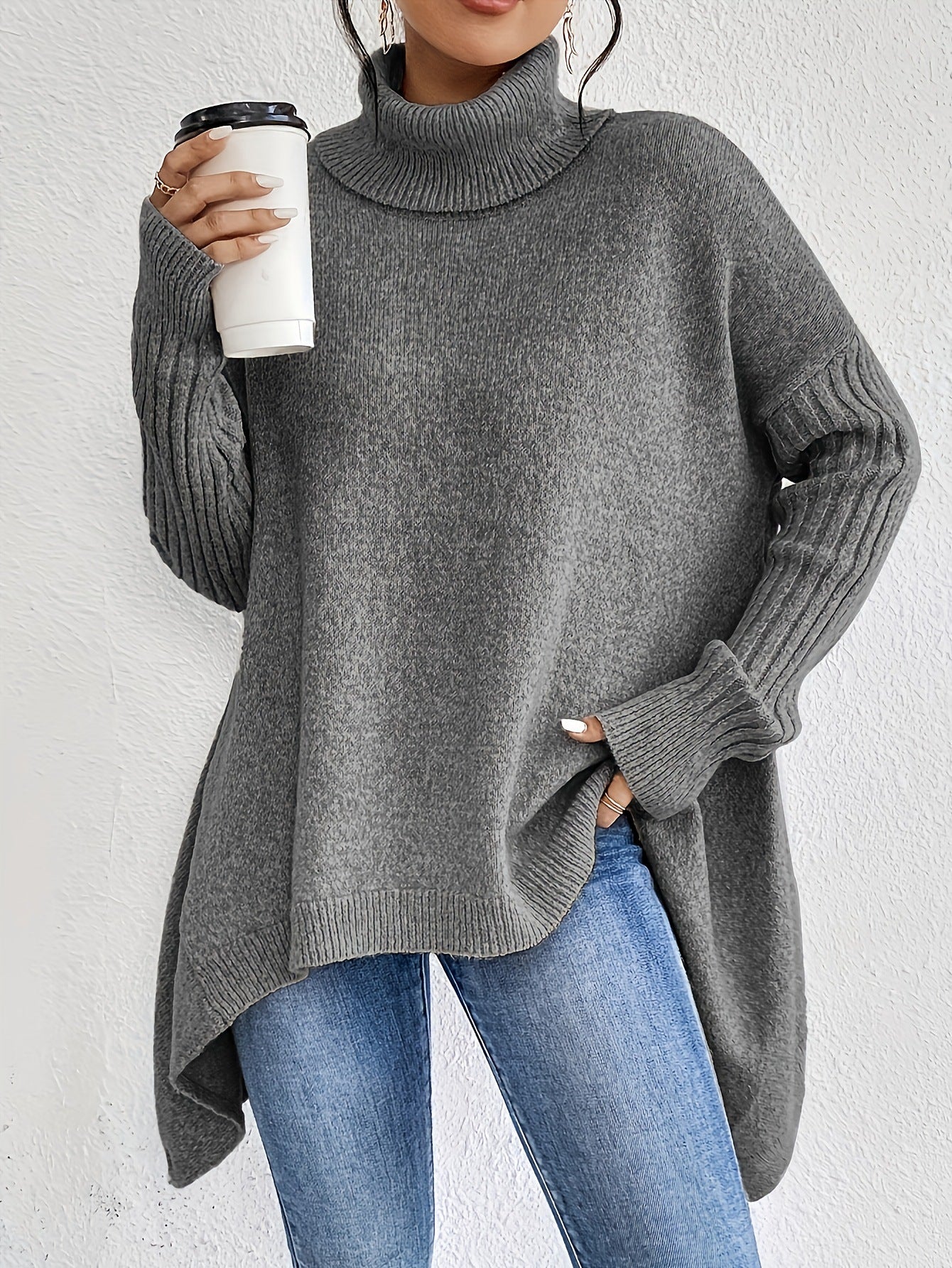Irregular Turtleneck Sweater Winter Loose Long Sleeve Knitted Tops Leisure Warm Pullover Sweater Koalakits36
