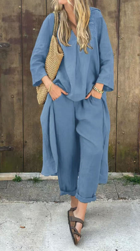 2pcs Long-sleeved Suits Loose V-neck Long Top And High Waist Wide Leg Pants | Koalakits36