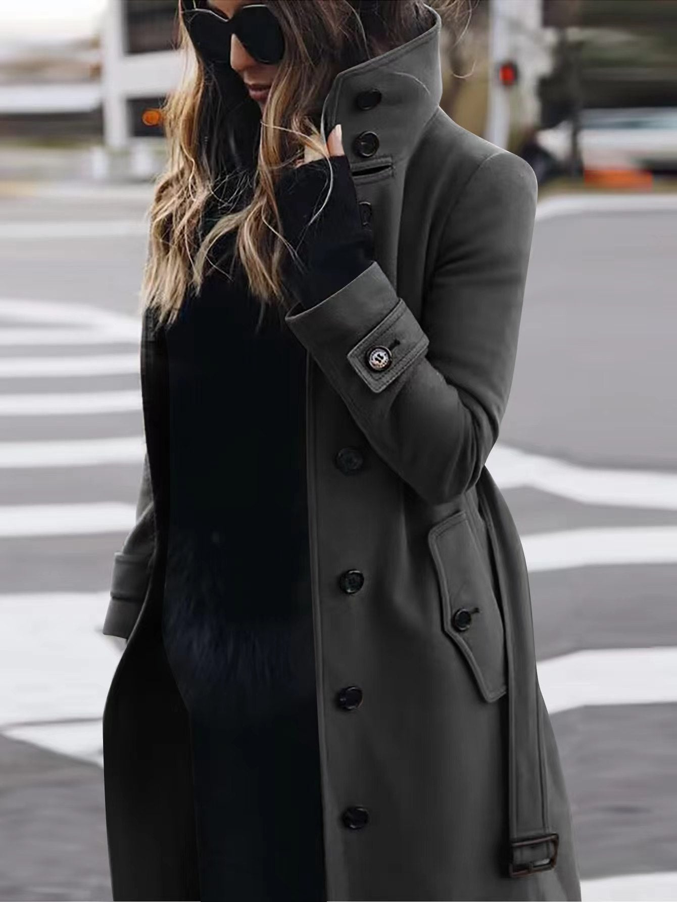 Woolen Winter Coat Women's Slim Fit Cardigan Large Coat with Long Sleeve Single Breasted Stand Collar Koalakits36