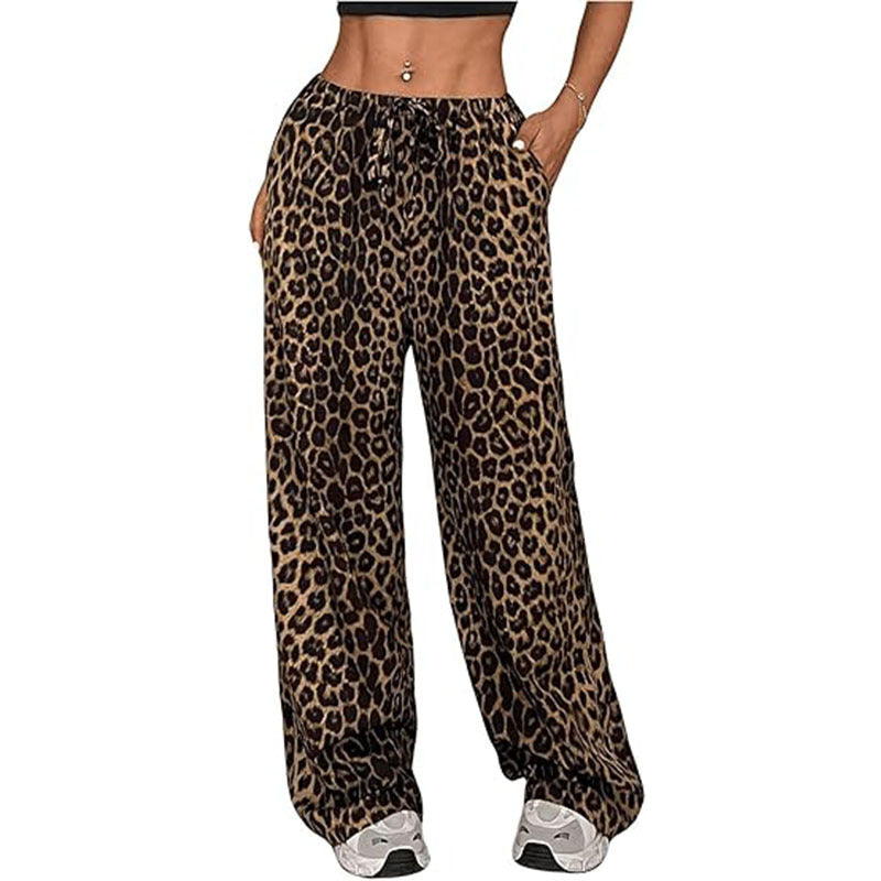 Leopard Print High Waisted Wide-Leg Pants Elegant Drawstring Loose Long Trousers | Koalakits36