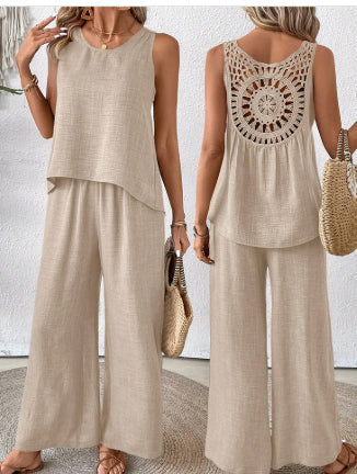 2 Pieces Set Women's Sleeveless Solid Color Back Hollow Lace Suit Summer Trendy Casual Top Wide Leg Pants Set For Daily Wear Holiday Outfit