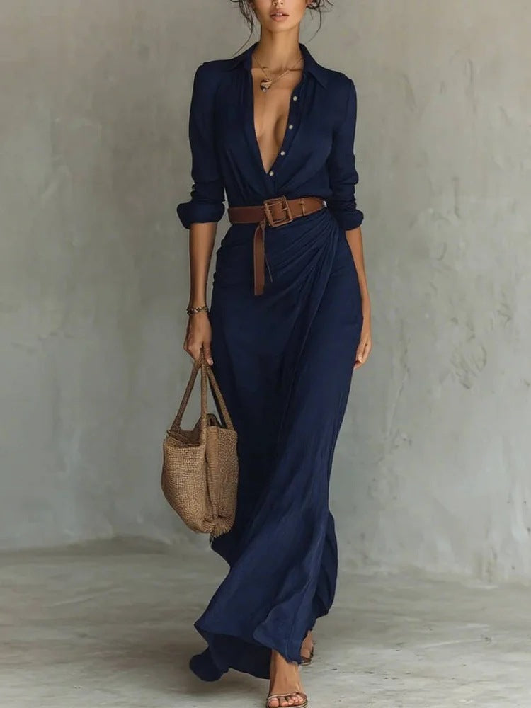 Irregular Long Dress With Belt Fashion And Elegant Button Lapel Long-sleeved Shirt Dresses Daily Office Commuting Clothing For Women Koalakits36