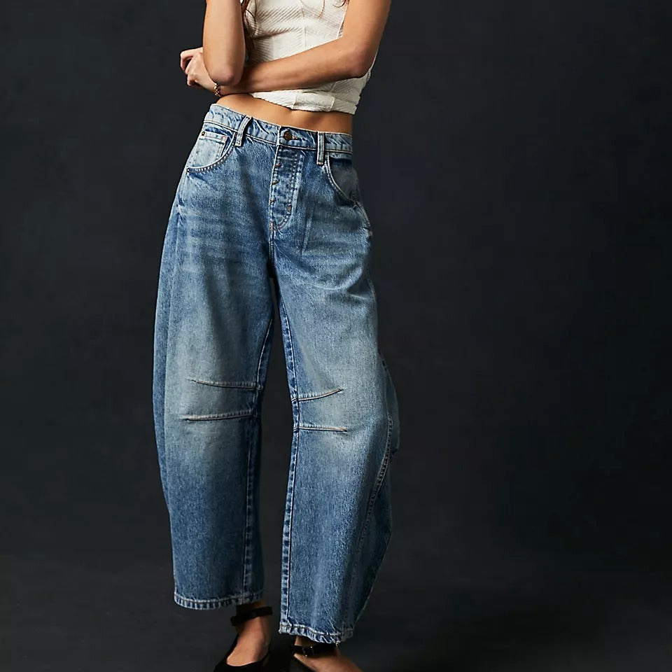 High Stretch Mid-Rise Barrel Jeans Fashion Wide Leg Shape Women Casual Baggy Mid Waist  | Koalakits36
