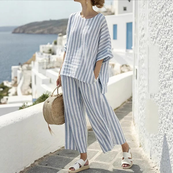 Summer Striped Suits Loose Batwing Sleeve T-shirt And Solid Straight-leg Pants | Koalakits36