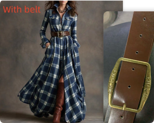 Plaid Print Long-Sleeved Dress Fashion Pockets Collared Buttons Shirt Long Dresses Retro Koalakits36
