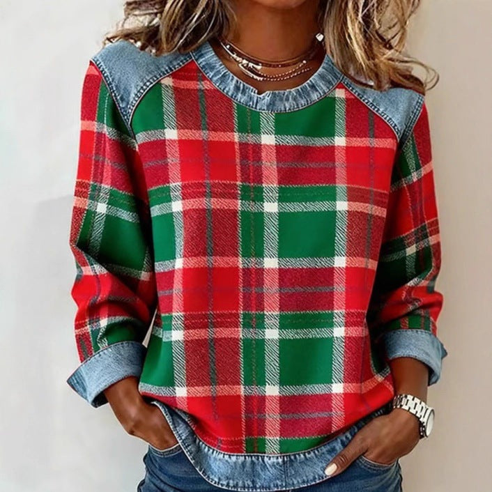 Denim Patchwork Sweatshirt for Women | Long Sleeve Pullover